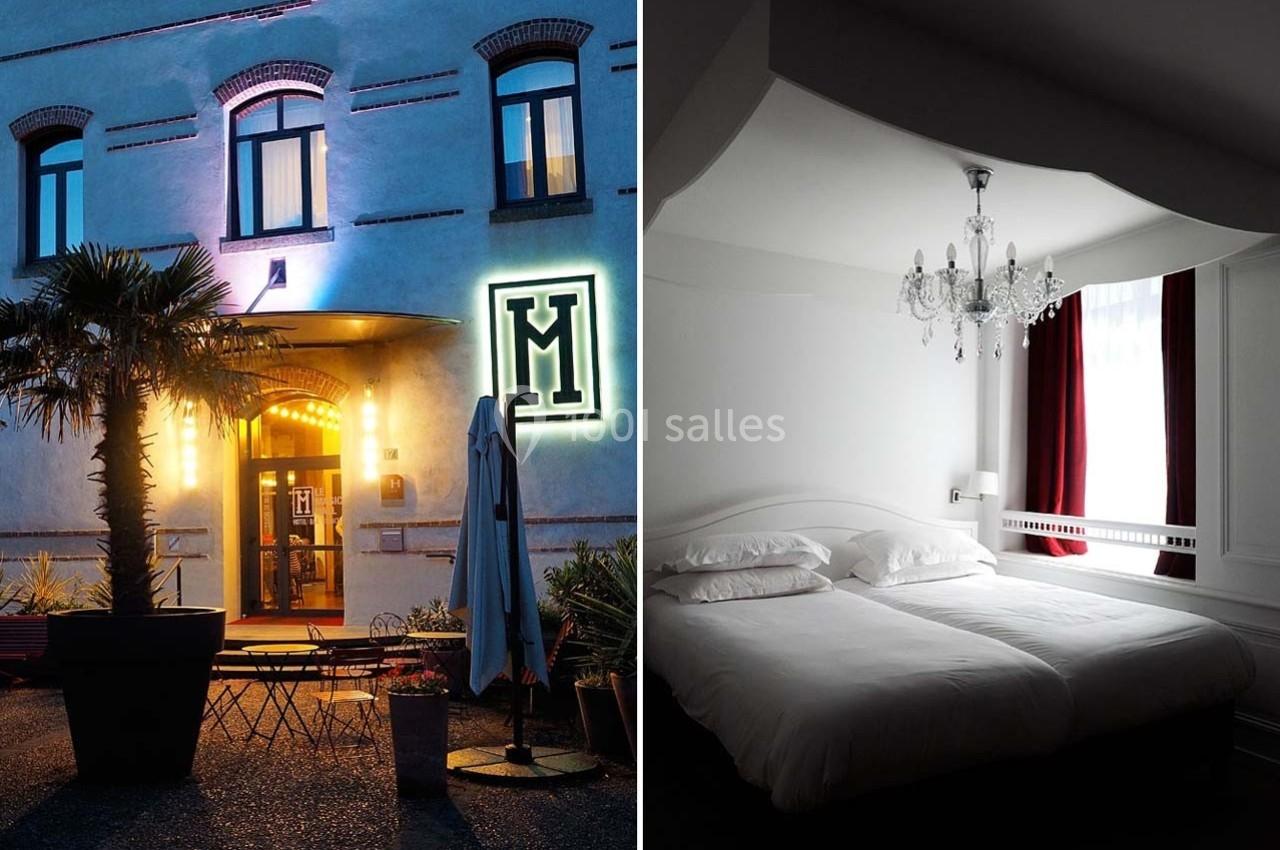 Façade d'un hôtel éclairée la nuit avec terrasse, et chambre lumineuse avec lit double et lustre.