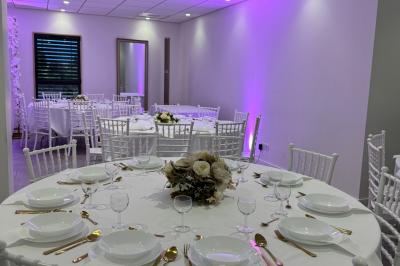 Un olivier taillé dans un grand bac blanc devant une façade moderne éclairée.