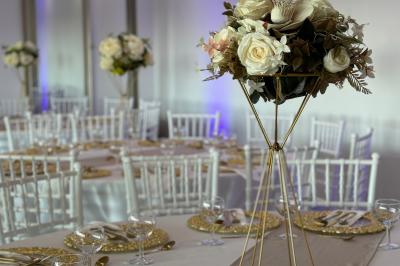 Un olivier taillé dans un grand bac blanc devant une façade moderne éclairée.