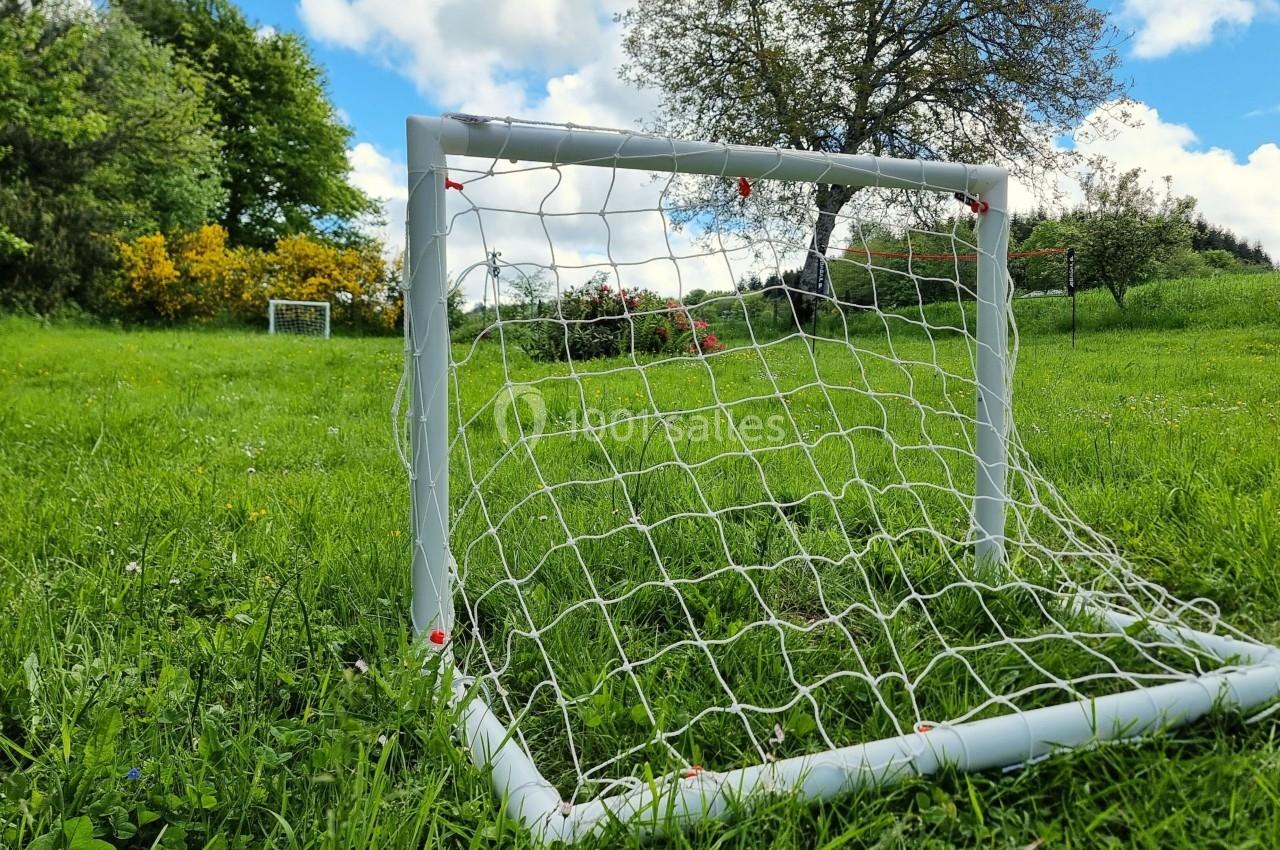 Petit but de football blanc installé sur une pelouse verte, entouré d'arbres et de buissons sous un ciel partiellement…