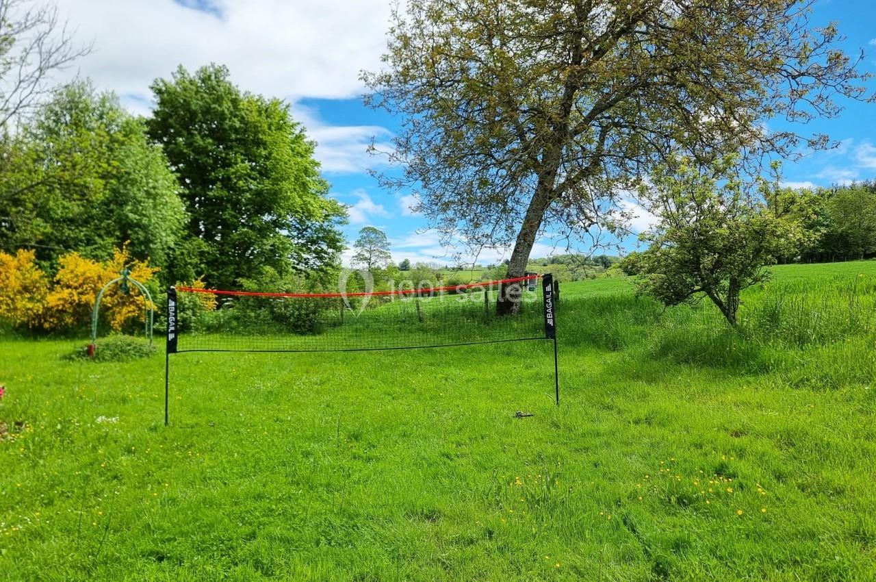 Filet de badminton installé sur une pelouse verte, entouré d'arbres et de buissons sous un ciel partiellement nuageux.
