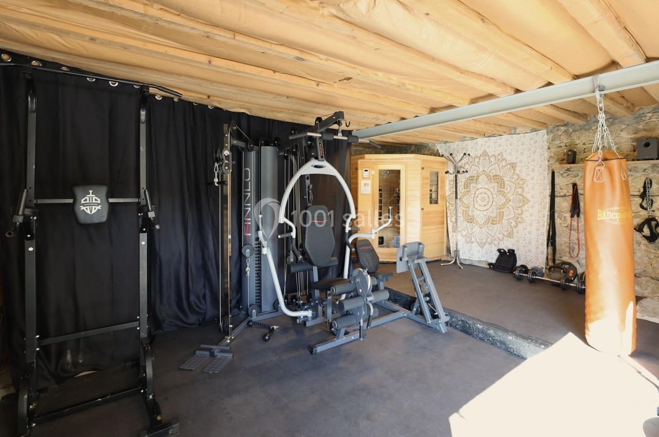 Salle de sport équipée avec machines de musculation, sac de frappe, sauna en bois et décor mural.