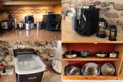 Plan d'une salle de réception avec photos des espaces aménagés, incluant cuisine, sanitaires et zones de repas.