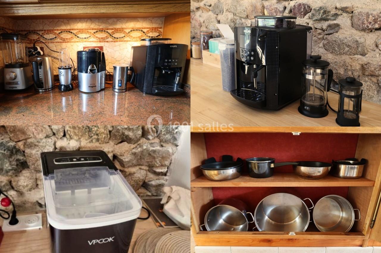 Montage de photos montrant des appareils de cuisine : mixeurs, cafetières, machine à laver portable et casseroles rangées.