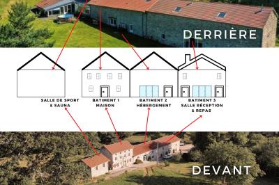 Plan d'une salle de réception avec photos des espaces aménagés, incluant cuisine, sanitaires et zones de repas.