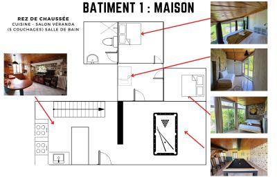 Plan d'une salle de réception avec photos des espaces aménagés, incluant cuisine, sanitaires et zones de repas.