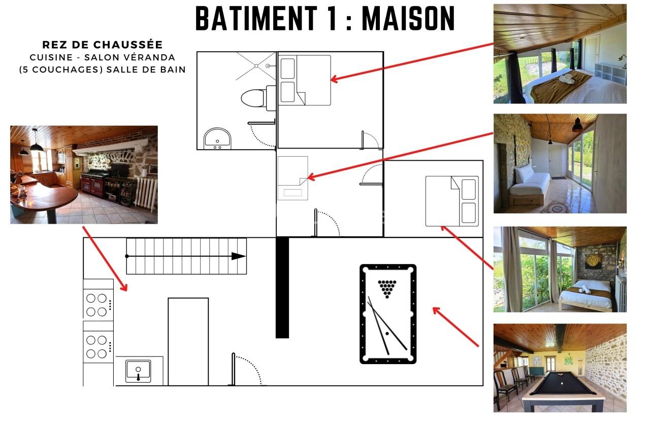 Plan d'une maison avec photos des pièces : cuisine, salon véranda, chambres, salle de bain et espace billard.