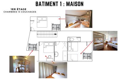 Plan d'une salle de réception avec photos des espaces aménagés, incluant cuisine, sanitaires et zones de repas.