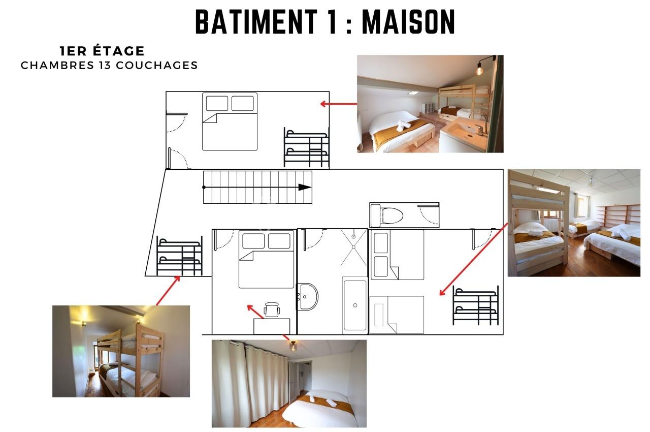Plan du premier étage avec disposition des chambres, lits superposés et lits doubles, illustré par des photos.
