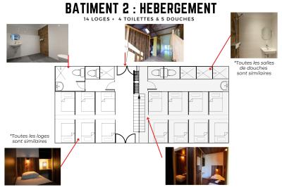 Plan d'une salle de réception avec photos des espaces aménagés, incluant cuisine, sanitaires et zones de repas.