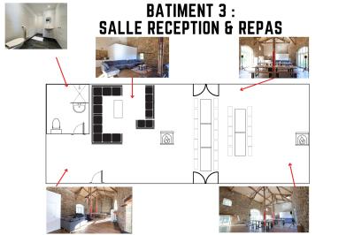 Plan d'une salle de réception avec photos des espaces aménagés, incluant cuisine, sanitaires et zones de repas.
