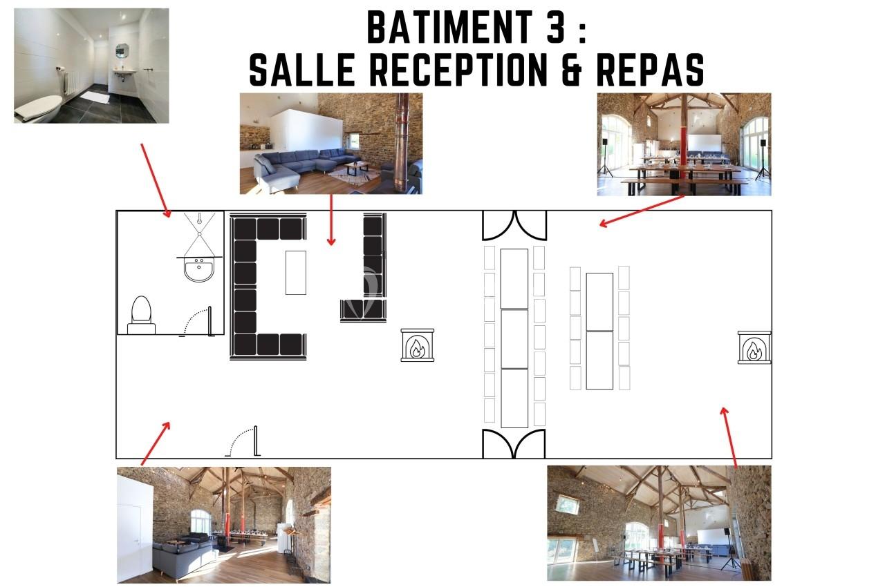 Plan d'une salle de réception avec photos des espaces aménagés, incluant cuisine, sanitaires et zones de repas.
