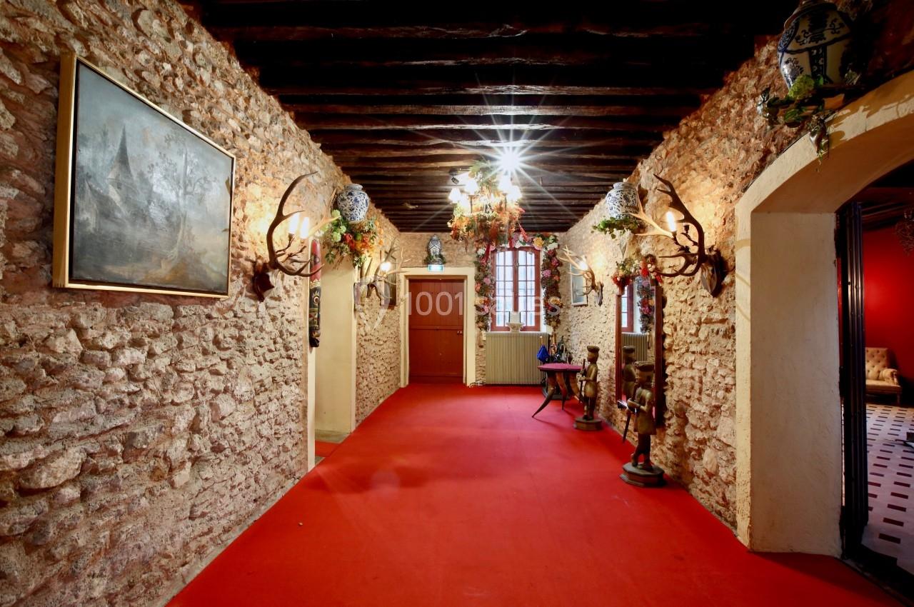 Couloir avec murs en pierre, tapis rouge, poutres apparentes, décorations murales et lumière naturelle provenant d'une…