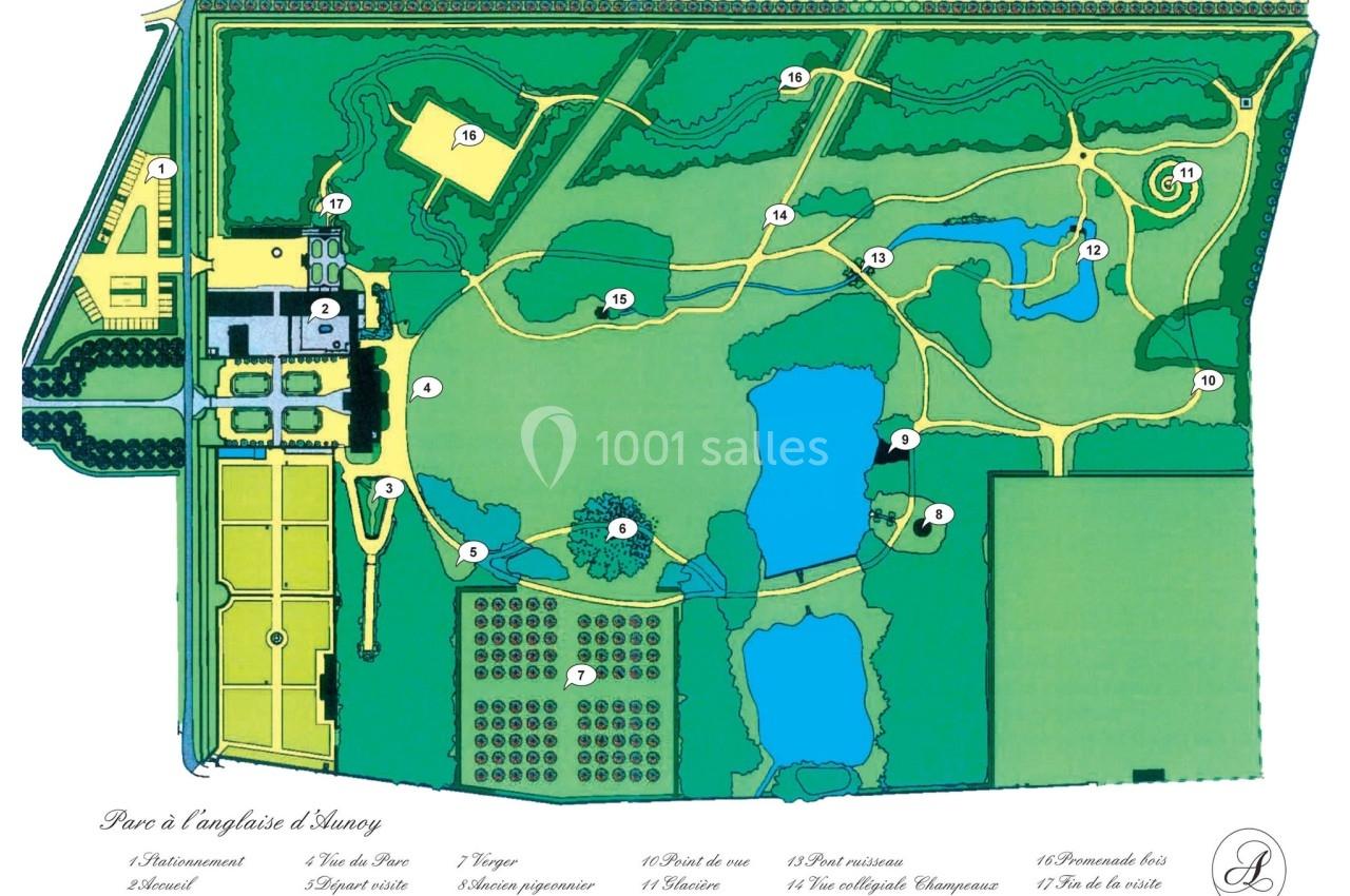 Plan illustré d'un parc à l'anglaise avec chemins, étangs, jardins, bâtiments et points d'intérêt numérotés.