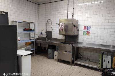 Viande en train de rôtir sur une broche au-dessus d'un barbecue en plein air, dans un jardin verdoyant.