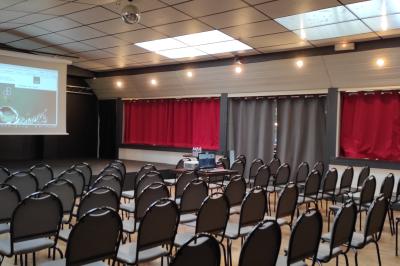 Viande en train de rôtir sur une broche au-dessus d'un barbecue en plein air, dans un jardin verdoyant.