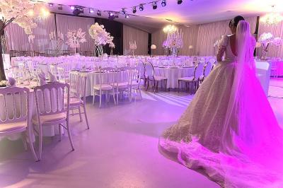 Façade d'un bâtiment moderne éclairé de nuit, avec des plantes et un panneau ’La Scène’ visible.