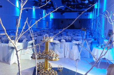 Bâtisse provençale entourée de cyprès et de champs verts, avec des arbres en arrière-plan sous un ciel clair.