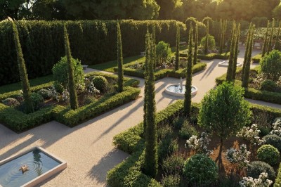 Plan illustré d'un domaine avec jardin structuré, piscine, bâtiments en tuiles et espaces verts entourés de haies.