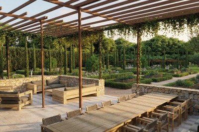 Plan illustré d'un domaine avec jardin structuré, piscine, bâtiments en tuiles et espaces verts entourés de haies.