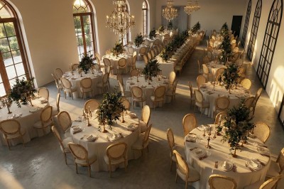 Plan illustré d'un domaine avec jardin structuré, piscine, bâtiments en tuiles et espaces verts entourés de haies.