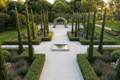 Plan illustré d'un domaine avec jardin structuré, piscine, bâtiments en tuiles et espaces verts entourés de haies.