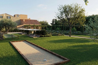 Plan illustré d'un domaine avec jardin structuré, piscine, bâtiments en tuiles et espaces verts entourés de haies.