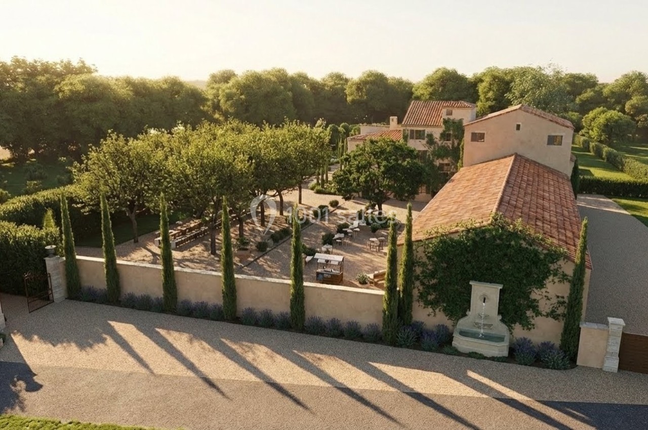 Vue aérienne d'une propriété provençale avec bâtiments en pierre, jardin arboré et allée bordée de cyprès.