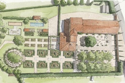 Plan illustré d'un domaine avec jardin structuré, piscine, bâtiments en tuiles et espaces verts entourés de haies.