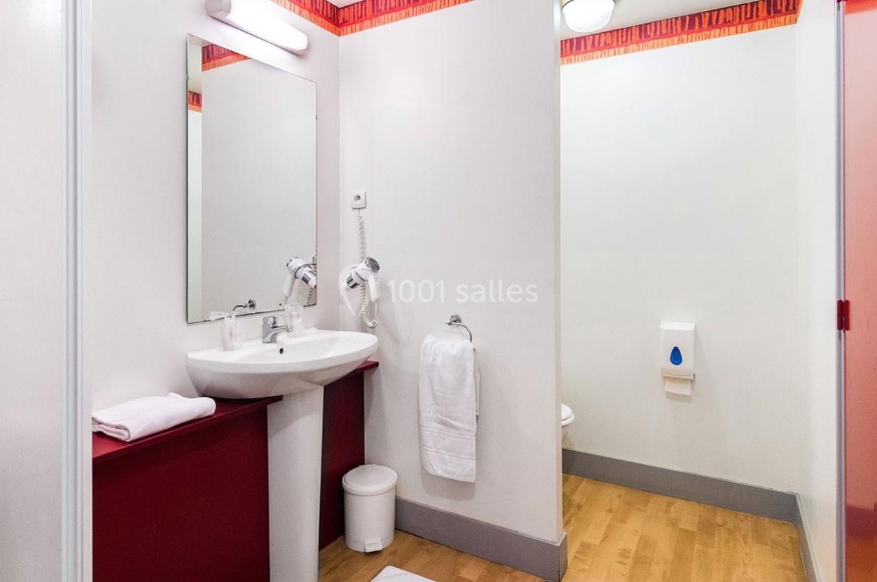 Salle de bain lumineuse avec lavabo, miroir, sèche-cheveux, serviette, et toilettes visibles en arrière-plan.