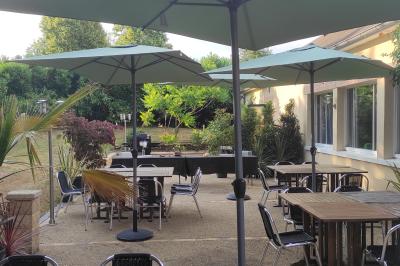 Viande en cuisson sur une broche au-dessus d'un barbecue en plein air, dans un jardin verdoyant.