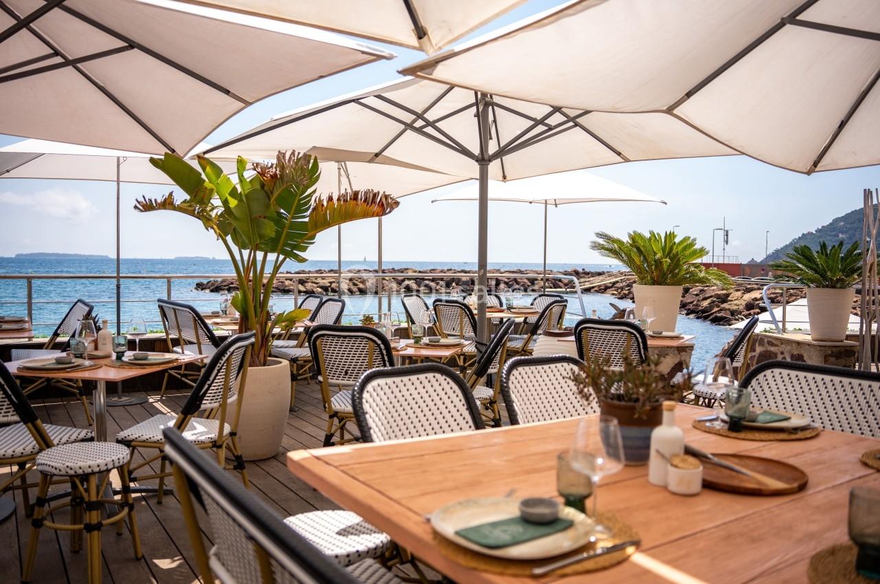 Terrasse en bord de mer avec tables en bois, chaises en rotin, plantes décoratives et parasols blancs.