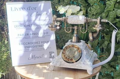 Photo d'un téléphone rouge rétro, un disque vinyle noir, un disque rouge en forme de cœur et une photo de mariage.