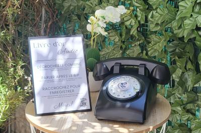 Photo d'un téléphone rouge rétro, un disque vinyle noir, un disque rouge en forme de cœur et une photo de mariage.