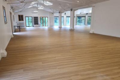 Rivière bordée d'arbres sous un ciel dégagé avec des traînées d'avions, reflet du soleil sur l'eau.