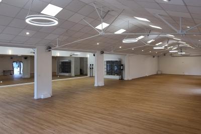 Salle spacieuse avec sol en parquet clair, murs blancs, fenêtres et éclairage suspendu.