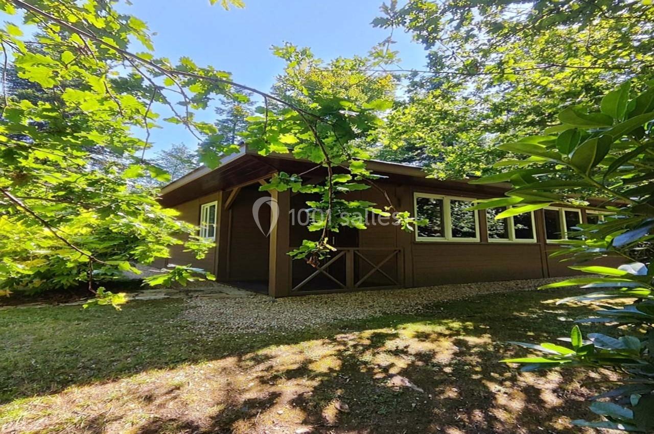 Chalet en bois entouré de végétation verdoyante, éclairé par la lumière du jour à travers les arbres.