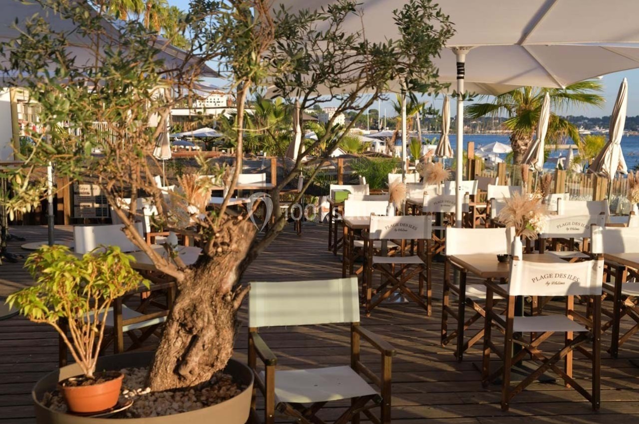 Terrasse en bois d'un restaurant en bord de mer, avec des tables, des chaises et des parasols sous un ciel ensoleillé.