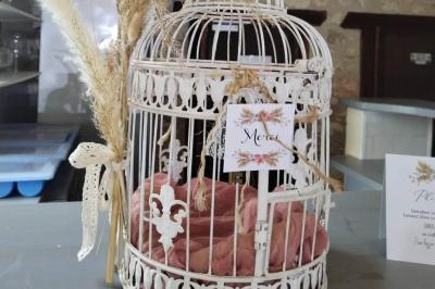 Trampoline rond avec filet de sécurité installé dans un jardin verdoyant, près d'une maison en pierre.