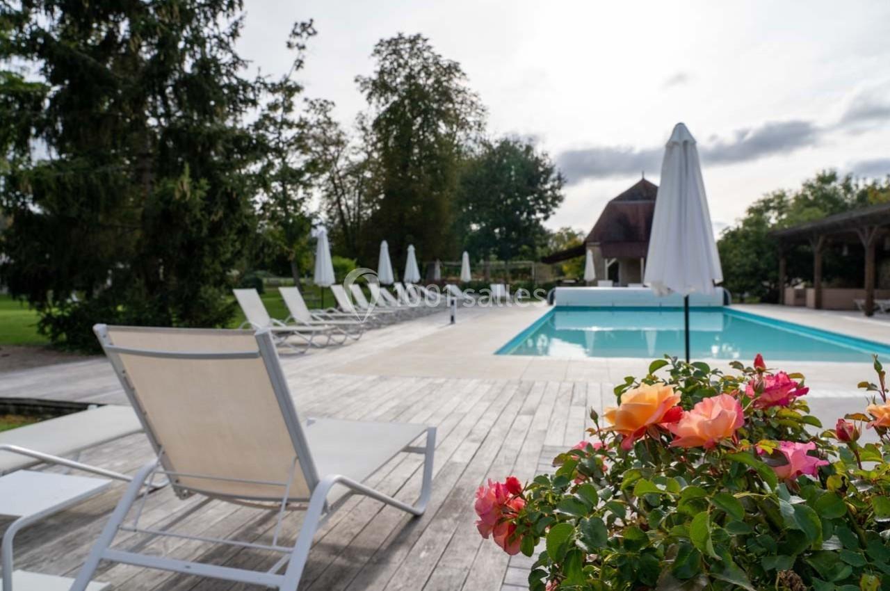 Piscine extérieure entourée de transats et parasols, avec des fleurs au premier plan et des arbres en arrière-plan.
