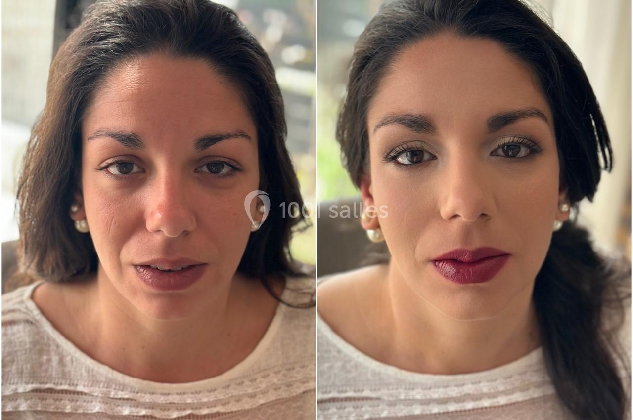 Femme en gros plan avant et après une application de maquillage, montrant un teint et des lèvres mis en valeur.