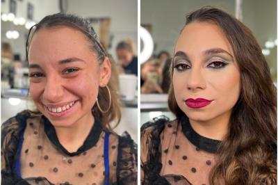 Femme avant et après une séance de maquillage, montrant une transformation avec un maquillage sophistiqué.