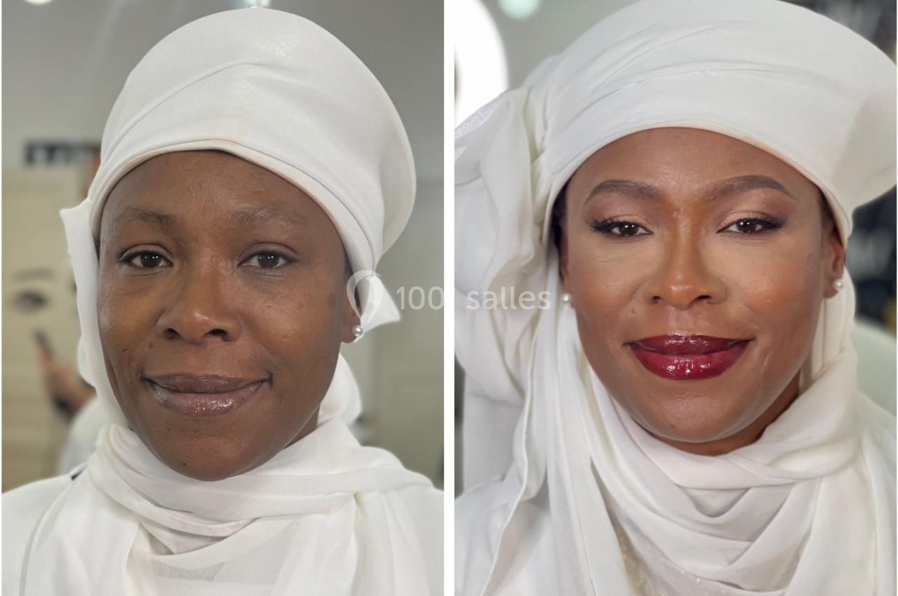 Femme portant un voile blanc, avant et après une séance de maquillage mettant en valeur son teint et ses traits.