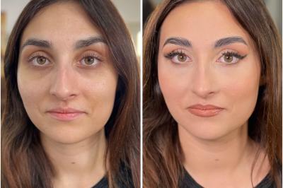 Femme avant et après une séance de maquillage, montrant une transformation avec un maquillage sophistiqué.