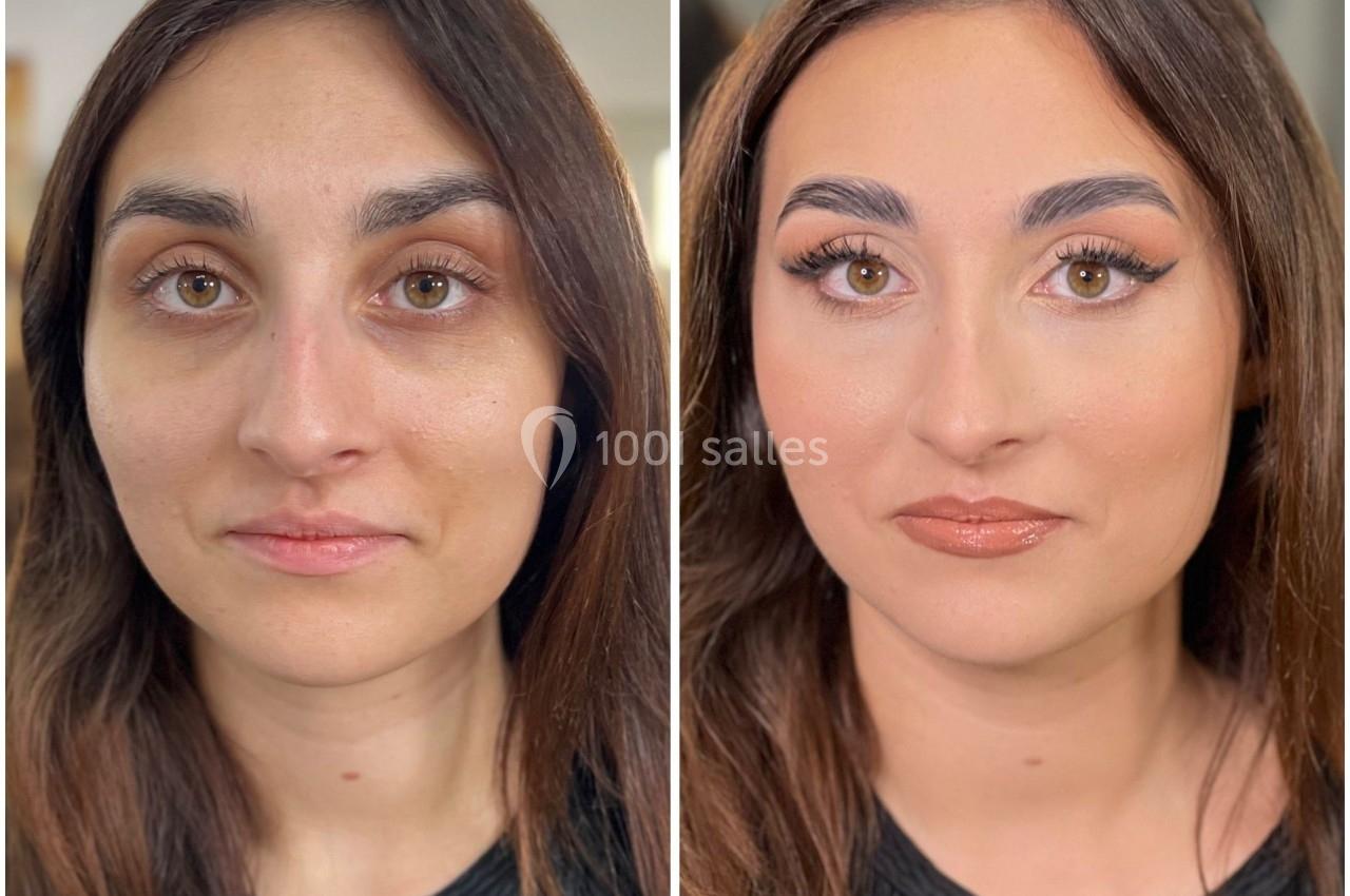 Femme avant et après un maquillage, montrant une transformation avec un teint unifié, des yeux soulignés et des lèvres…