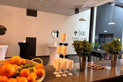 Logo circulaire de Cayo Club avec des palmiers, un soleil et le texte ’Event Planning & Happiness Organizer’.