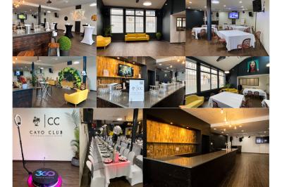 Logo circulaire de Cayo Club avec des palmiers, un soleil et le texte ’Event Planning & Happiness Organizer’.