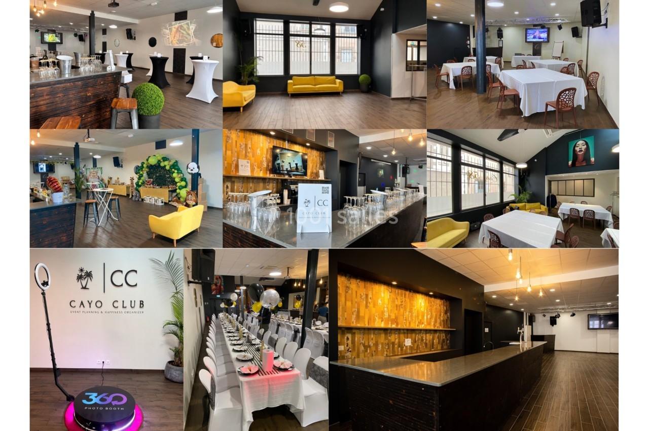 Salle événementielle moderne avec mobilier varié, tables dressées, décoration élégante et espaces lumineux.