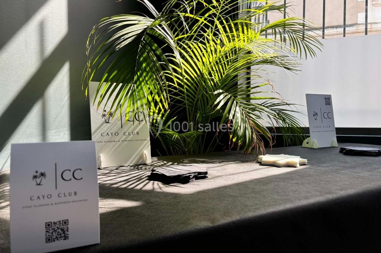 Table avec des brochures, cartes de visite et QR codes, éclairée par la lumière naturelle, près d'une plante verte.