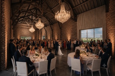 Un couple échange ses vœux sous une arche fleurie lors d'une cérémonie de mariage en plein air, entouré d'invités.